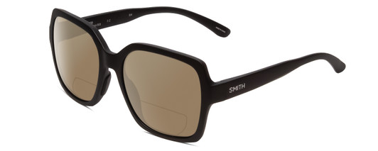 Profile View of Smith Optics Flare Designer Polarized Reading Sunglasses with Custom Cut Powered Amber Brown Lenses in Matte Black Ladies Oversized Full Rim Acetate 57 mm