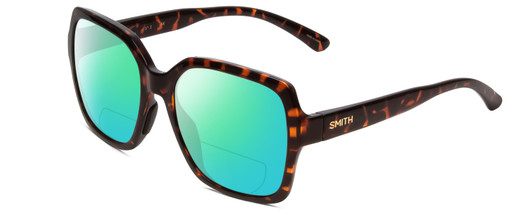 Profile View of Smith Optics Flare Designer Polarized Reading Sunglasses with Custom Cut Powered Green Mirror Lenses in Tortoise Havana Brown Gold Ladies Oversized Full Rim Acetate 57 mm