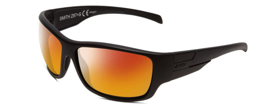 Profile View of Smith Optics Frontman Elite Designer Polarized Sunglasses with Custom Cut Red Mirror Lenses in Gloss Black Unisex Wrap Full Rim Acetate 61 mm