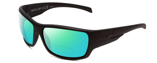 Profile View of Smith Optics Frontman Elite Designer Polarized Reading Sunglasses with Custom Cut Powered Green Mirror Lenses in Gloss Black Unisex Wrap Full Rim Acetate 61 mm