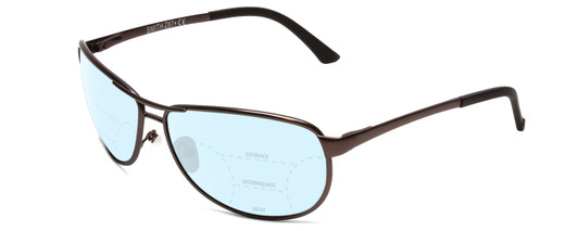 Profile View of Smith Optics Gray Man Elite Designer Progressive Lens Blue Light Blocking Eyeglasses in Matte Gun Metal Silver Unisex Oval Full Rim Metal 63 mm with Blue Light Zone functionality illustration laid over the lens