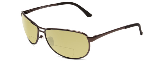 Profile View of Smith Optics Gray Man Elite Designer Polarized Reading Sunglasses with Custom Cut Powered Sun Flower Yellow Lenses in Matte Gun Metal Silver Unisex Oval Full Rim Metal 63 mm