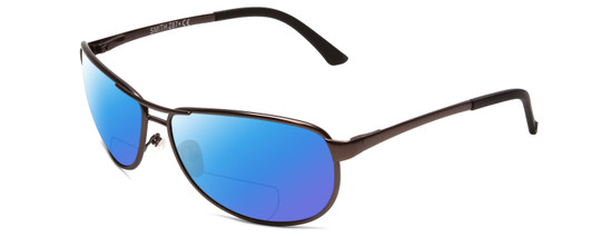 Profile View of Smith Optics Gray Man Elite Designer Polarized Reading Sunglasses with Custom Cut Powered Blue Mirror Lenses in Matte Gun Metal Silver Unisex Oval Full Rim Metal 63 mm