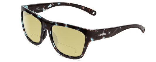 Profile View of Smith Optics Joya Designer Polarized Reading Sunglasses with Custom Cut Powered Sun Flower Yellow Lenses in Sky Tortoise Havana Marble Brown Ladies Square Full Rim Acetate 56 mm