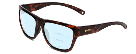 Profile View of Smith Optics Joya Designer Progressive Lens Blue Light Blocking Eyeglasses in Tortoise Havana Gold Ladies Square Full Rim Acetate 56 mm with Blue Light Zone functionality illustration laid over the lens