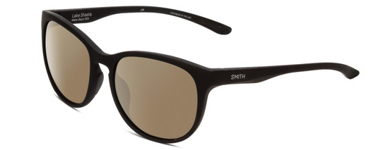 Profile View of Smith Optics Lake Shasta Designer Polarized Sunglasses with Custom Cut Amber Brown Lenses in Matte Black Unisex Cateye Full Rim Acetate 56 mm