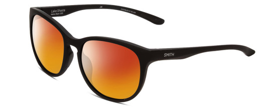 Profile View of Smith Optics Lake Shasta Designer Polarized Sunglasses with Custom Cut Red Mirror Lenses in Matte Black Unisex Cateye Full Rim Acetate 56 mm