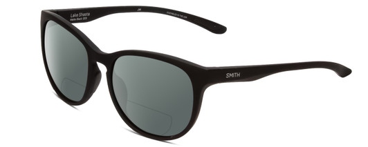 Profile View of Smith Optics Lake Shasta Designer Polarized Reading Sunglasses with Custom Cut Powered Smoke Grey Lenses in Matte Black Unisex Cateye Full Rim Acetate 56 mm