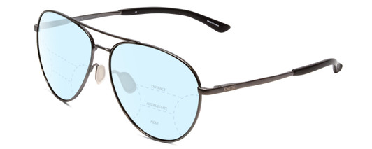 Profile View of Smith Optics Layback Designer Progressive Lens Blue Light Blocking Eyeglasses in Gun Metal Silver Black Unisex Aviator Full Rim Metal 60 mm with Blue Light Zone functionality illustration laid over the lens