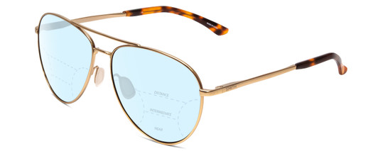 Profile View of Smith Optics Layback Designer Progressive Lens Blue Light Blocking Eyeglasses in Matte Gold Unisex Aviator Full Rim Metal 60 mm with Blue Light Zone functionality illustration laid over the lens