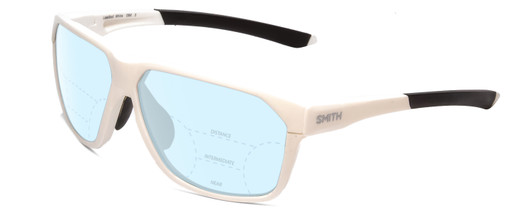 Profile View of Smith Optics Leadout PivLock Designer Progressive Lens Blue Light Blocking Eyeglasses in White Unisex Square Full Rim Acetate 63 mm with Blue Light Zone functionality illustration laid over the lens