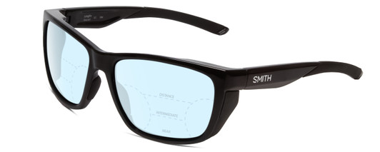 Profile View of Smith Optics Longfin Designer Progressive Lens Blue Light Blocking Eyeglasses in Gloss Black Unisex Wrap Full Rim Acetate 59 mm with Blue Light Zone functionality illustration laid over the lens