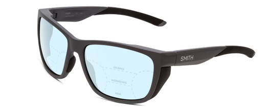 Profile View of Smith Optics Longfin Designer Progressive Lens Blue Light Blocking Eyeglasses in Matte Cement Grey Unisex Rectangle Full Rim Acetate 59 mm with Blue Light Zone functionality illustration laid over the lens