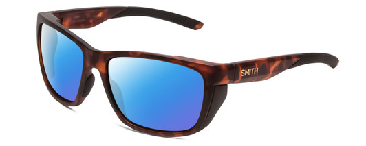 Profile View of Smith Optics Longfin Designer Polarized Sunglasses with Custom Cut Blue Mirror Lenses in Matte Tortoise Havana Gold Unisex Rectangle Full Rim Acetate 59 mm