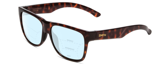 Profile View of Smith Optics Lowdown 2 Designer Progressive Lens Blue Light Blocking Eyeglasses in Tortoise Havana Gold Unisex Classic Full Rim Acetate 55 mm with Blue Light Zone functionality illustration laid over the lens