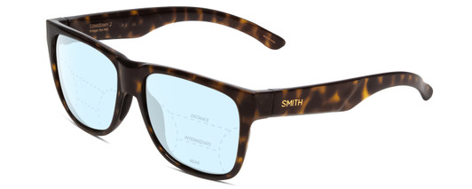 Profile View of Smith Optics Lowdown 2 Designer Progressive Lens Blue Light Blocking Eyeglasses in Vintage Tortoise Havana Brown Gold Unisex Classic Full Rim Acetate 55 mm with Blue Light Zone functionality illustration laid over the lens