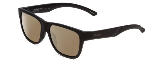 Profile View of Smith Optics Lowdown Slim 2 Designer Polarized Reading Sunglasses with Custom Cut Powered Amber Brown Lenses in Matte Black Unisex Classic Full Rim Acetate 53 mm
