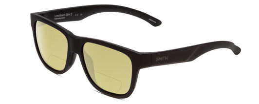 Profile View of Smith Optics Lowdown Slim 2 Designer Polarized Reading Sunglasses with Custom Cut Powered Sun Flower Yellow Lenses in Matte Black Unisex Classic Full Rim Acetate 53 mm