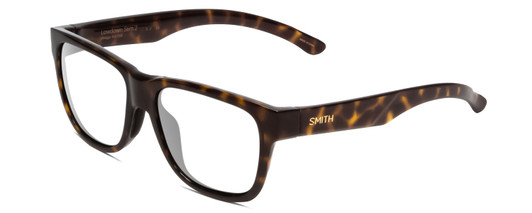 Profile View of Smith Optics Lowdown Slim 2 Designer Progressive Lens Blue Light Blocking Eyeglasses in Vintage Tortoise Havana Brown Gold Unisex Classic Full Rim Acetate 53 mm with Blue Light Zone functionality illustration laid over the lens