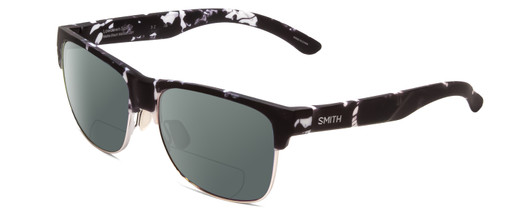 Profile View of Smith Optics Lowdown Split Designer Polarized Reading Sunglasses with Custom Cut Powered Smoke Grey Lenses in Matte Black Marble Tortoise Unisex Classic Semi-Rimless Acetate 56 mm
