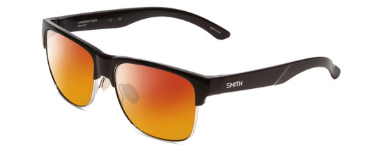 Profile View of Smith Optics Lowdown Split Designer Polarized Sunglasses with Custom Cut Red Mirror Lenses in Gloss Black Unisex Classic Semi-Rimless Acetate 56 mm