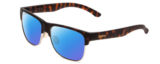 Profile View of Smith Optics Lowdown Split Designer Polarized Sunglasses with Custom Cut Blue Mirror Lenses in Matte Tortoise Havana Gold Unisex Classic Semi-Rimless Acetate 56 mm