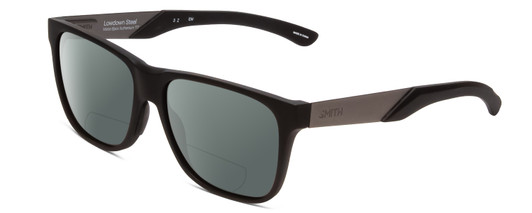 Profile View of Smith Optics Lowdown Steel Designer Polarized Reading Sunglasses with Custom Cut Powered Smoke Grey Lenses in Matte Black Ruthenium Silver Unisex Classic Full Rim Acetate 56 mm