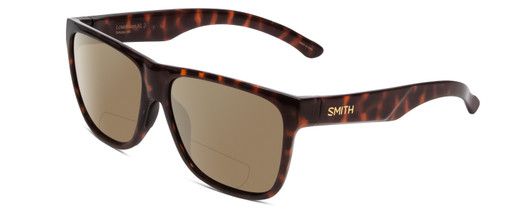 Profile View of Smith Optics Lowdown Xl 2 Designer Polarized Reading Sunglasses with Custom Cut Powered Amber Brown Lenses in Tortoise Havana Gold Unisex Classic Full Rim Acetate 60 mm