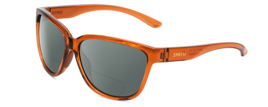 Profile View of Smith Optics Monterey Designer Polarized Reading Sunglasses with Custom Cut Powered Smoke Grey Lenses in Crystal Tobacco Ladies Cateye Full Rim Acetate 58 mm