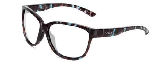 Profile View of Smith Optics Monterey Designer Progressive Lens Blue Light Blocking Eyeglasses in Sky Tortoise Havana Marble Brown Ladies Cateye Full Rim Acetate 58 mm with Blue Light Zone functionality illustration laid over the lens