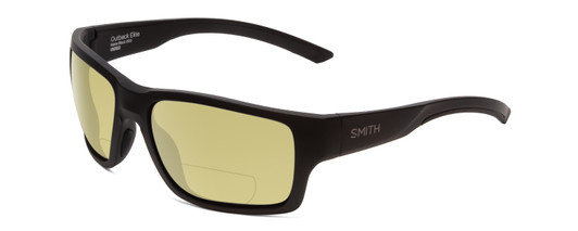 Profile View of Smith Optics Outback Elite Designer Polarized Reading Sunglasses with Custom Cut Powered Sun Flower Yellow Lenses in Matte Black Unisex Square Full Rim Acetate 59 mm