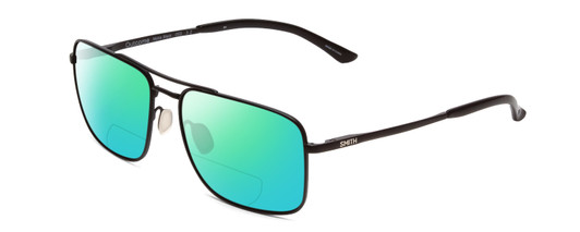 Profile View of Smith Optics Outcome Designer Polarized Reading Sunglasses with Custom Cut Powered Green Mirror Lenses in Matte Black Unisex Aviator Full Rim Metal 59 mm