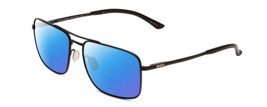 Profile View of Smith Optics Outcome Designer Polarized Reading Sunglasses with Custom Cut Powered Blue Mirror Lenses in Matte Black Unisex Aviator Full Rim Metal 59 mm