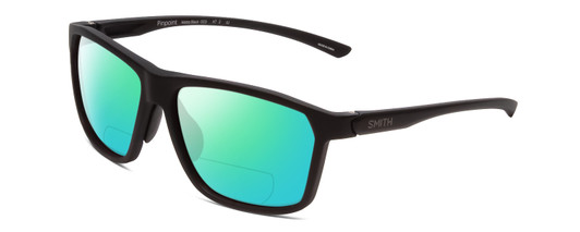 Profile View of Smith Optics Pinpoint Designer Polarized Reading Sunglasses with Custom Cut Powered Green Mirror Lenses in Matte Black Unisex Square Full Rim Acetate 59 mm