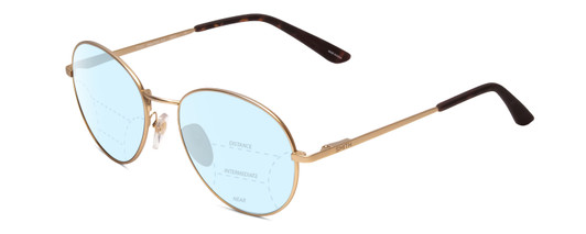 Profile View of Smith Optics Prep Designer Progressive Lens Blue Light Blocking Eyeglasses in Matte Gold Unisex Round Full Rim Metal 53 mm with Blue Light Zone functionality illustration laid over the lens