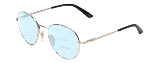 Profile View of Smith Optics Prep Designer Progressive Lens Blue Light Blocking Eyeglasses in Silver Black Unisex Round Full Rim Metal 59 mm with Blue Light Zone functionality illustration laid over the lens