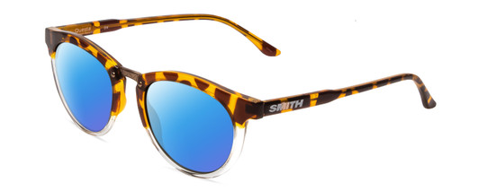 Profile View of Smith Optics Questa Designer Polarized Sunglasses with Custom Cut Blue Mirror Lenses in Amber Brown Tortoise Ladies Round Full Rim Acetate 50 mm