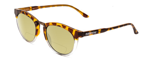 Profile View of Smith Optics Questa Designer Polarized Reading Sunglasses with Custom Cut Powered Sun Flower Yellow Lenses in Amber Brown Tortoise Ladies Round Full Rim Acetate 50 mm