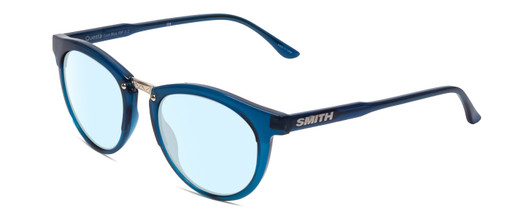 Profile View of Smith Optics Questa Designer Blue Light Blocking Eyeglasses in Cool Blue Crystal Ladies Round Full Rim Acetate 50 mm