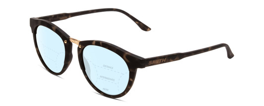 Profile View of Smith Optics Questa Designer Progressive Lens Blue Light Blocking Eyeglasses in Matte Ash Tortoise Brown Grey Ladies Round Full Rim Acetate 50 mm with Blue Light Zone functionality illustration laid over the lens