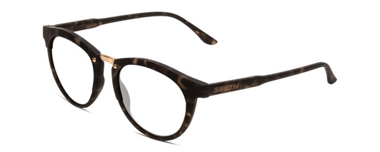 Profile View of Smith Optics Questa Designer Progressive Lens Blue Light Blocking Eyeglasses in Matte Ash Tortoise Brown Grey Ladies Round Full Rim Acetate 50 mm with Blue Light Zone functionality illustration laid over the lens