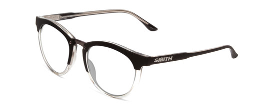 Profile View of Smith Optics Questa Designer Progressive Lens Blue Light Blocking Eyeglasses in Matte Black Crystal Ladies Round Full Rim Acetate 50 mm with Blue Light Zone functionality illustration laid over the lens
