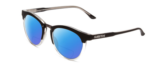 Profile View of Smith Optics Questa Designer Polarized Reading Sunglasses with Custom Cut Powered Blue Mirror Lenses in Matte Black Crystal Ladies Round Full Rim Acetate 50 mm