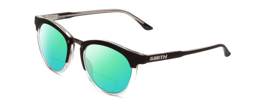 Profile View of Smith Optics Questa Designer Polarized Reading Sunglasses with Custom Cut Powered Green Mirror Lenses in Matte Black Crystal Ladies Round Full Rim Acetate 50 mm