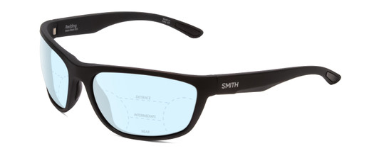 Profile View of Smith Optics Redding Designer Progressive Lens Blue Light Blocking Eyeglasses in Matte Black Unisex Wrap Full Rim Acetate 62 mm with Blue Light Zone functionality illustration laid over the lens