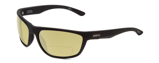 Profile View of Smith Optics Redding Designer Polarized Reading Sunglasses with Custom Cut Powered Sun Flower Yellow Lenses in Matte Black Unisex Wrap Full Rim Acetate 62 mm