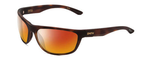 Profile View of Smith Optics Redding Designer Polarized Sunglasses with Custom Cut Red Mirror Lenses in Matte Tortoise Havana Gold Unisex Wrap Full Rim Acetate 62 mm