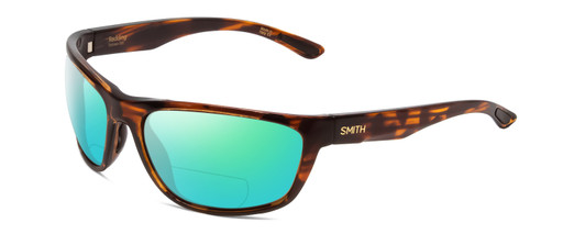 Profile View of Smith Optics Redding Designer Polarized Reading Sunglasses with Custom Cut Powered Green Mirror Lenses in Tortoise Havana Brown Gold Unisex Wrap Full Rim Acetate 62 mm