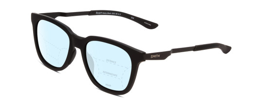 Profile View of Smith Optics Roam Designer Progressive Lens Blue Light Blocking Eyeglasses in Matte Black Unisex Classic Full Rim Acetate 53 mm with Blue Light Zone functionality illustration laid over the lens