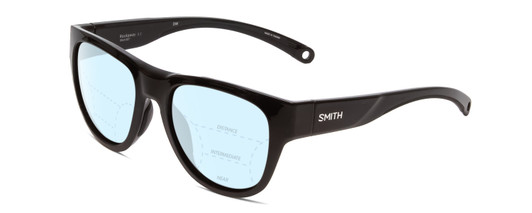 Profile View of Smith Optics Rockaway Designer Progressive Lens Blue Light Blocking Eyeglasses in Gloss Black Ladies Cateye Full Rim Acetate 52 mm with Blue Light Zone functionality illustration laid over the lens